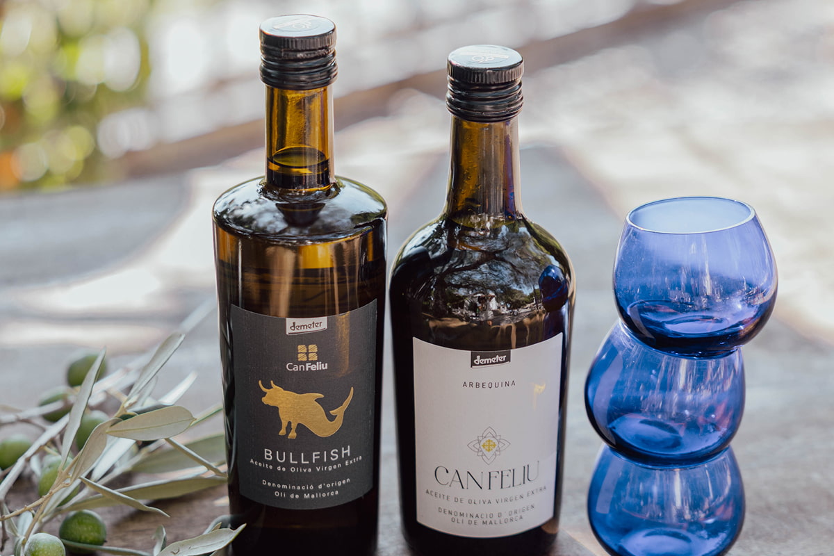 Botella aceite, vasos y rama de olivo en bodegón