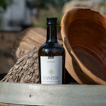 Bodegón aceite Can Feliu, vasija y tronco
